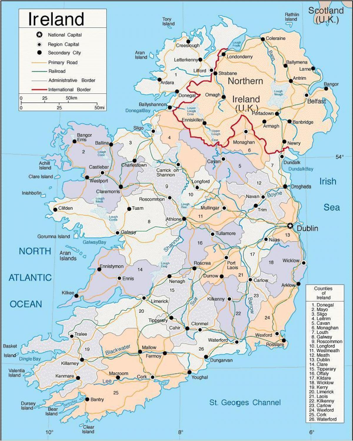 írország térkép mutatja, városok